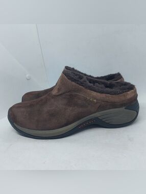 Merrell Encore Ice Clogs Brown Suede Slip On Shoes Faux Fur Womens Size 7.5